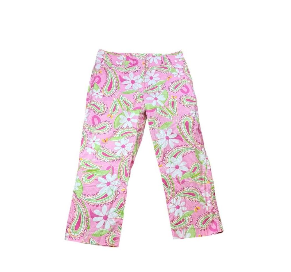Lilly Pulitzer Beach Blanket Bingo Crop Pants Womens Size 8 Pink Floral Y2K